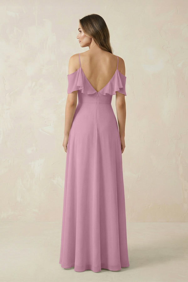 Off - the - Shoulder Ruffled A - Line Chiffon Bridesmaid Dress in Vintage Mauve - SHE IS ME Bridesmaid Dresses