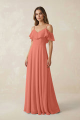 Off - the - Shoulder Ruffled A - Line Chiffon Bridesmaid Dress in Wild Rose - KISS BRIDAL Bridesmaid Dresses