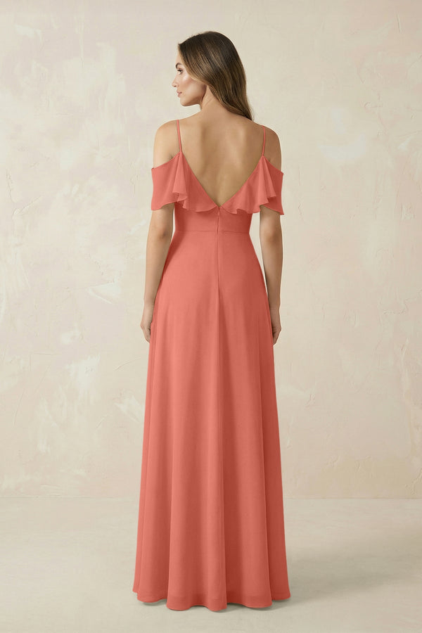 Off - the - Shoulder Ruffled A - Line Chiffon Bridesmaid Dress in Wild Rose - SHE IS ME Bridesmaid Dresses