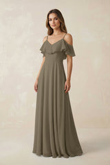 Off - the - Shoulder Ruffled A - Line Chiffon Bridesmaid Dress in Willow Green - KISS BRIDAL Bridesmaid Dresses