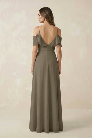 Off - the - Shoulder Ruffled A - Line Chiffon Bridesmaid Dress in Willow Green - SHE IS ME Bridesmaid Dresses