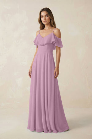 Off - the - Shoulder Ruffled A - Line Chiffon Bridesmaid Dress in Wisteria - SHE IS ME Bridesmaid Dresses