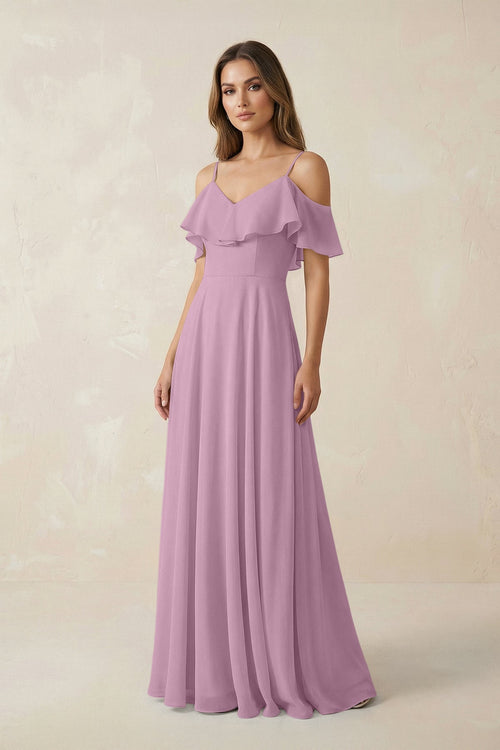 Off - the - Shoulder Ruffled A - Line Chiffon Bridesmaid Dress in Wisteria - SHE IS ME Bridesmaid Dresses
