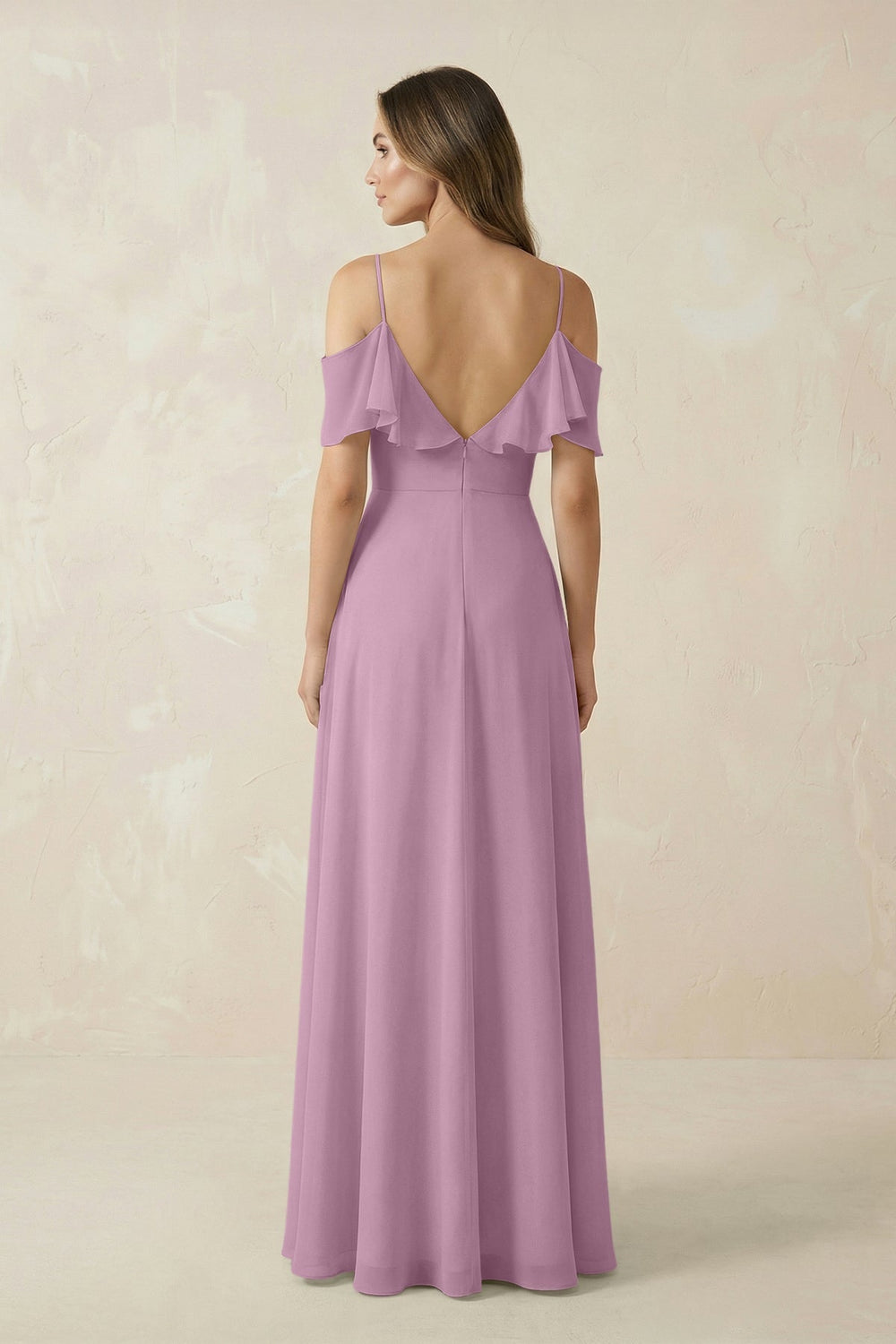 Off - the - Shoulder Ruffled A - Line Chiffon Bridesmaid Dress in Wisteria - KISS BRIDAL Bridesmaid Dresses