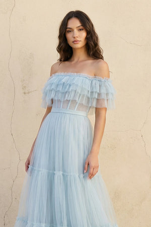 Off The Shoulder Ruffled Gown in Sky Blue - SHE IS ME