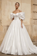 Off - the - Shoulder Satin A - Line Corset Wedding Dress - KISS BRIDAL Wedding Dresses