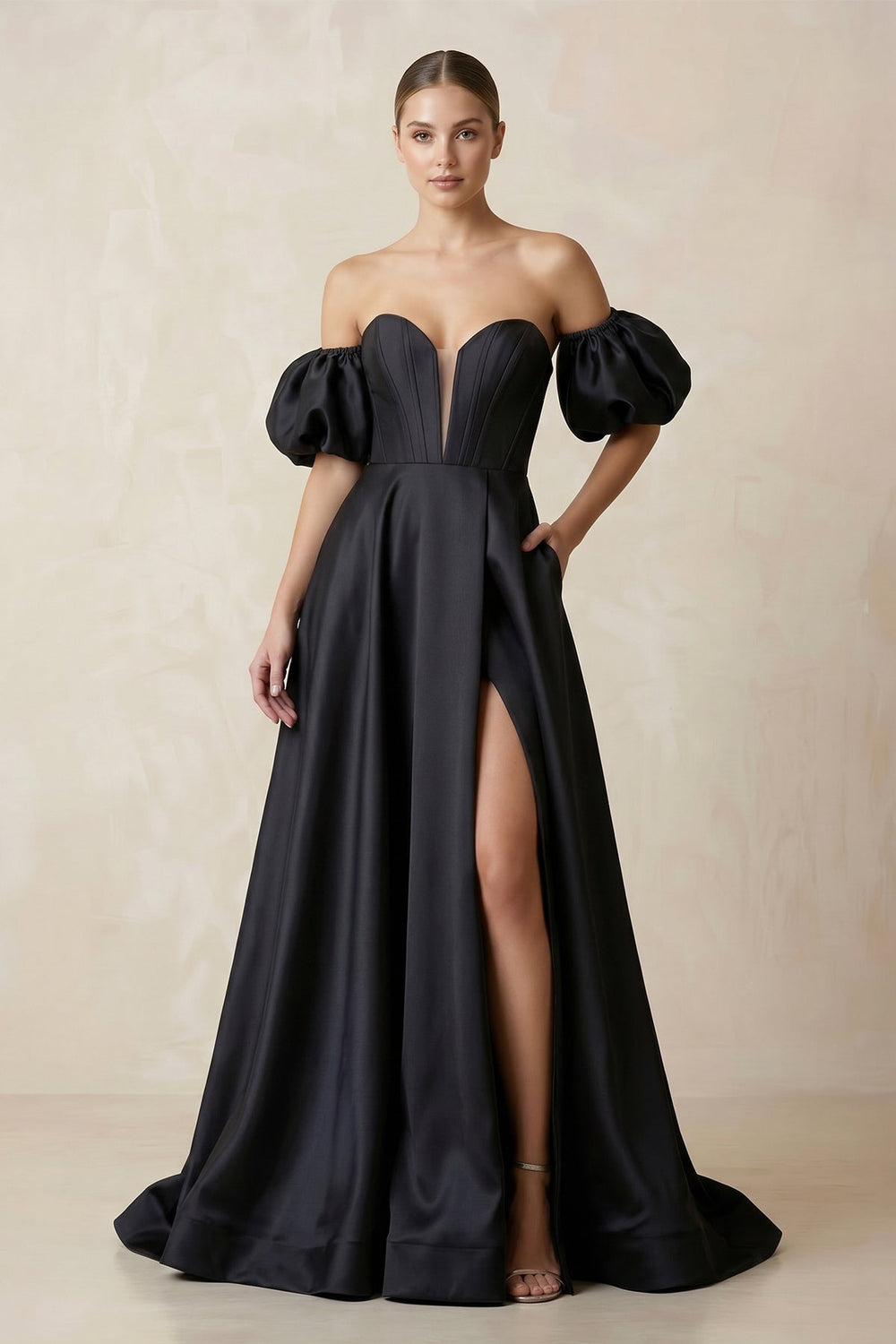 Off - the - Shoulder Satin A - Line Plunge Wedding Dress in Black - KISS BRIDAL Wedding Dresses