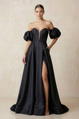 Off - the - Shoulder Satin A - Line Plunge Wedding Dress in Black - KISS BRIDAL Wedding Dresses