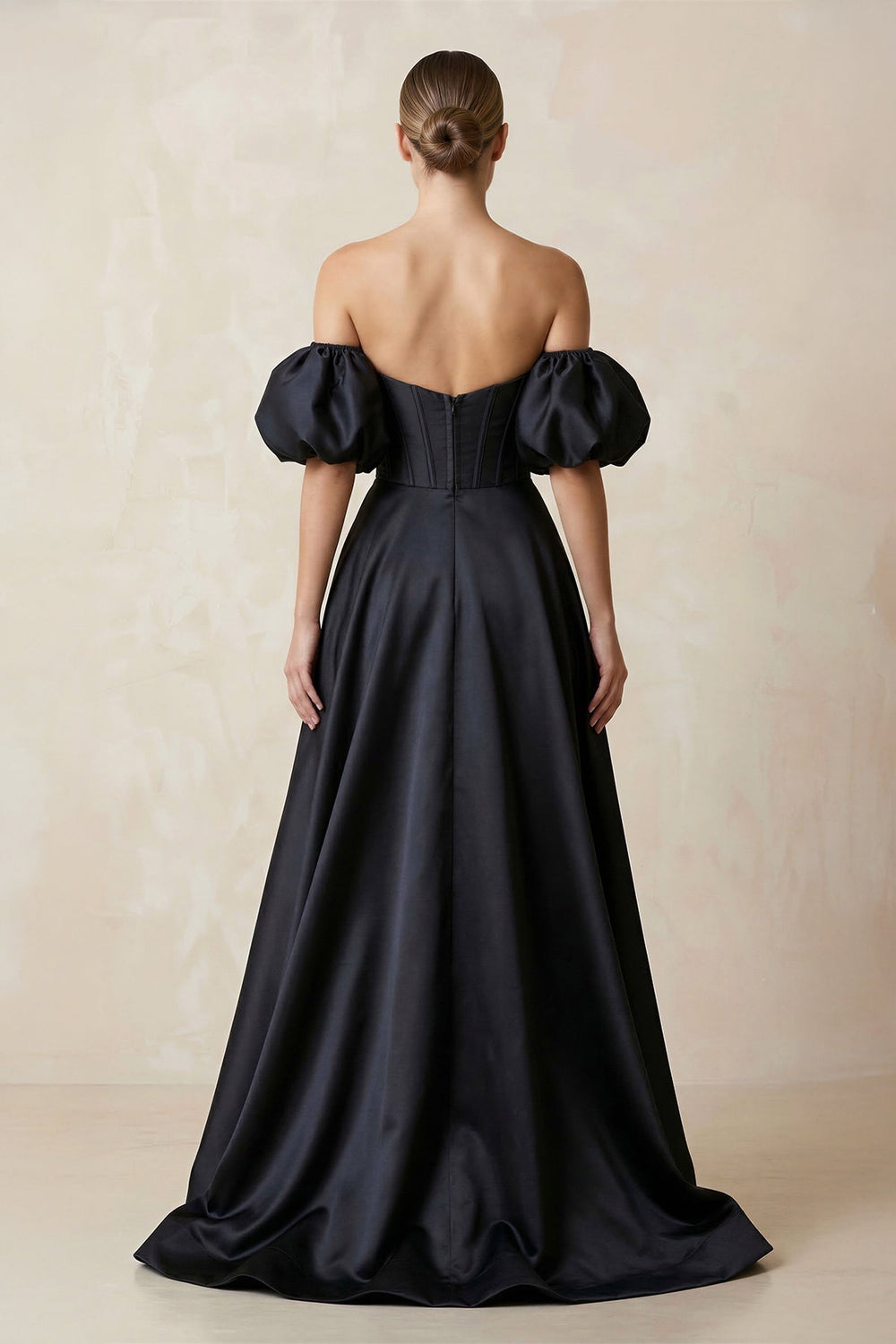 Off - the - Shoulder Satin A - Line Plunge Wedding Dress in Black - KISS BRIDAL Wedding Dresses