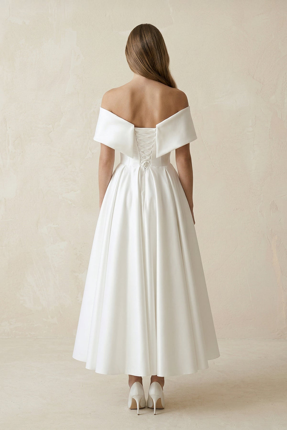 Off - the - Shoulder Satin A - Line Ruhed Wedding Dress in White - KISS BRIDAL Wedding Dresses