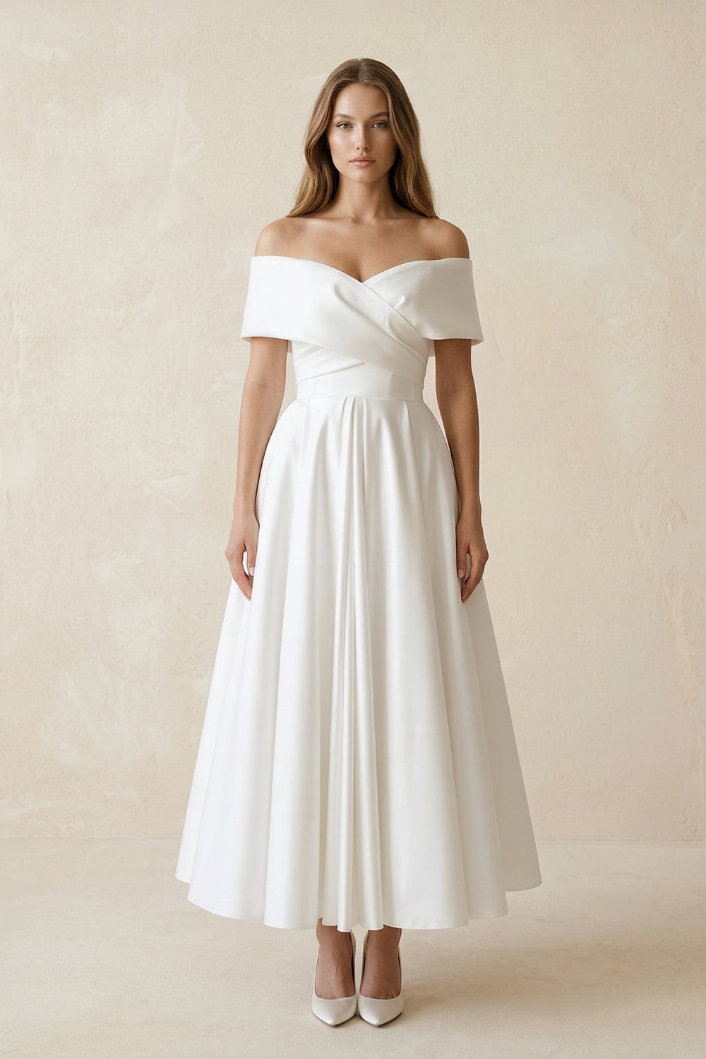 Off - the - Shoulder Satin A - Line Ruhed Wedding Dress in White - KISS BRIDAL Wedding Dresses