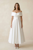 Off - the - Shoulder Satin A - Line Ruhed Wedding Dress in White - SHE IS ME Wedding Dresses