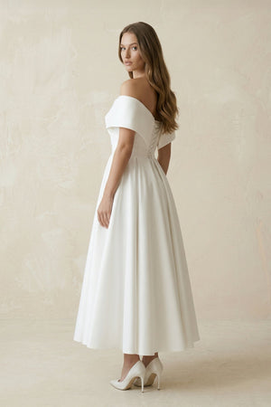 Off - the - Shoulder Satin A - Line Ruhed Wedding Dress in White - SHE IS ME Wedding Dresses