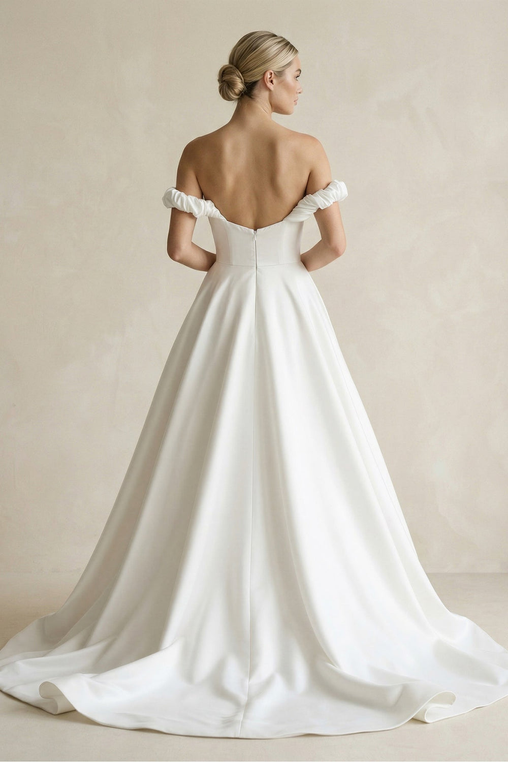 Off - the - Shoulder Satin A - Line Wedding Dress in White - KISS BRIDAL Wedding Dresses