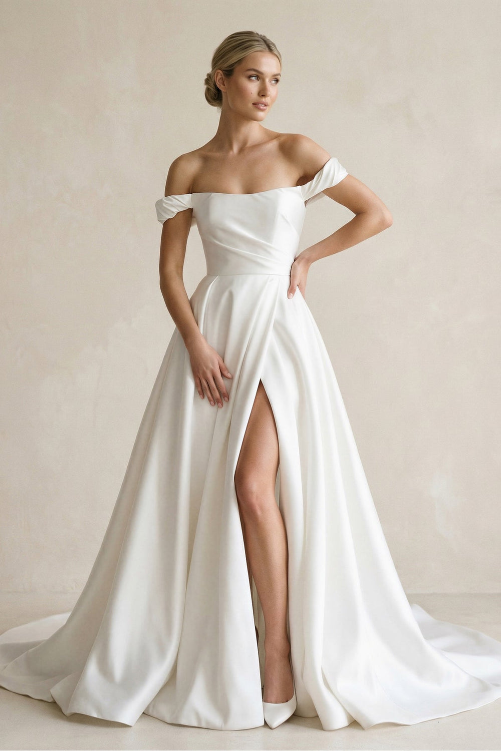Off - the - Shoulder Satin A - Line Wedding Dress in White - KISS BRIDAL Wedding Dresses