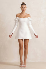Off - the - Shoulder Satin A - Line Wedding Dress with Long Sleeeves in White - KISS BRIDAL Wedding Dresses