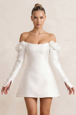 Off - the - Shoulder Satin A - Line Wedding Dress with Long Sleeeves in White - SHE IS ME Wedding Dresses