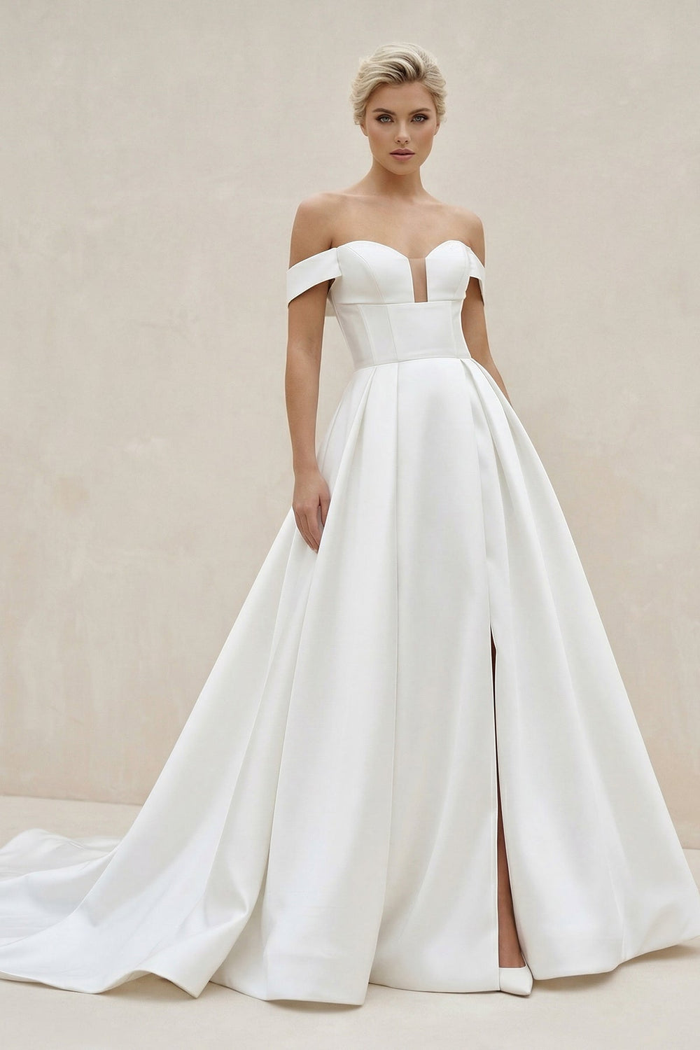 Off - the - Shoulder Satin A - Line Wedding Dress With Slit in White - KISS BRIDAL Wedding Dresses