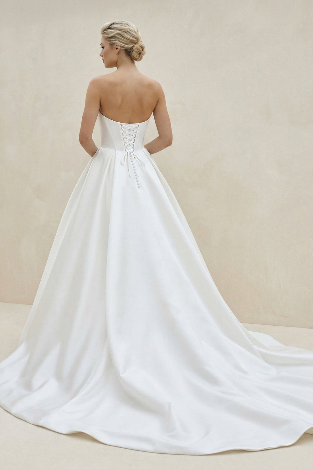 Off - the - Shoulder Satin A - Line Wedding Dress With Slit in White - KISS BRIDAL Wedding Dresses