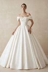 Off The Shoulder Satin Ball Gown Wedding Dress - KISS BRIDAL Wedding Dresses