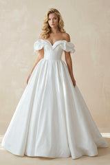 Off - the - Shoulder Satin Ball Gown Wedding Dress in White - KISS BRIDAL Wedding Dresses