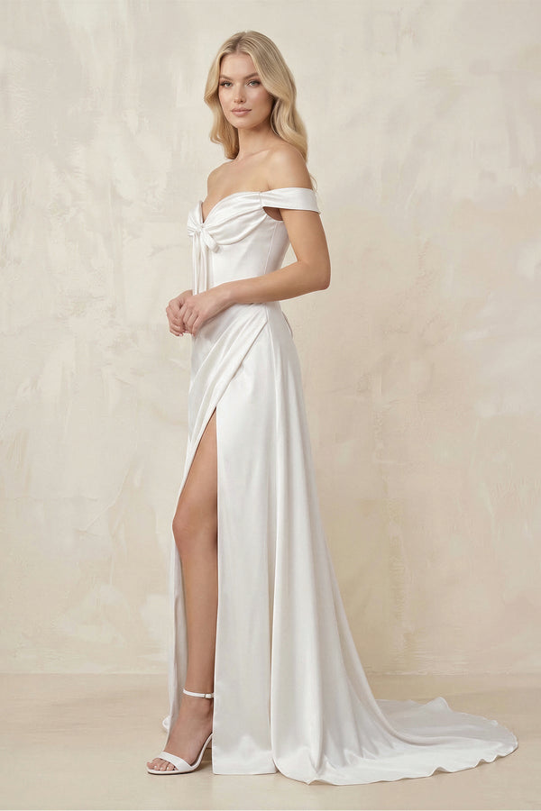 Off - the - Shoulder Satin Bow Ruched Wedding Dress with Slit in White - SHE IS ME Wedding Dresses