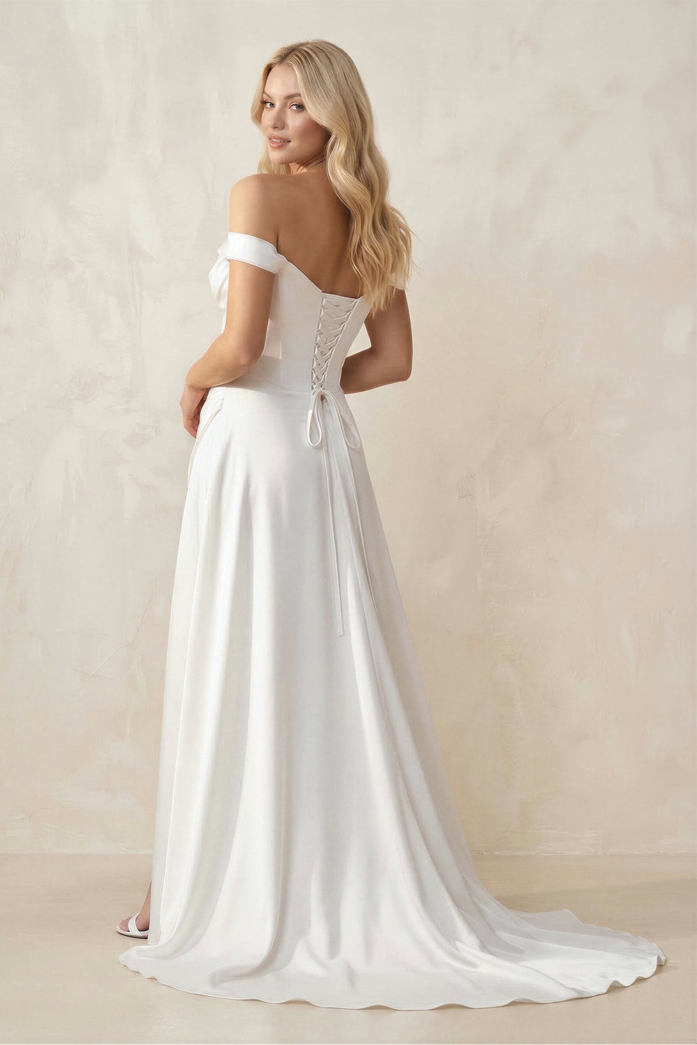 Off - the - Shoulder Satin Bow Ruched Wedding Dress with Slit in White - KISS BRIDAL Wedding Dresses