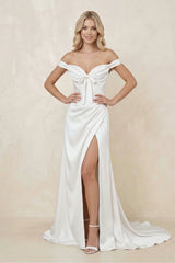 Off - the - Shoulder Satin Bow Ruched Wedding Dress with Slit in White - KISS BRIDAL Wedding Dresses