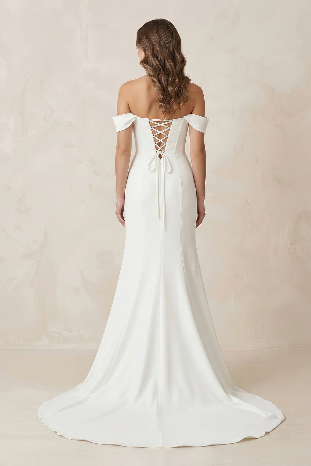 Off - the - Shoulder Satin Mermaid Corset Wedding Dress in White - KISS BRIDAL Wedding Dresses