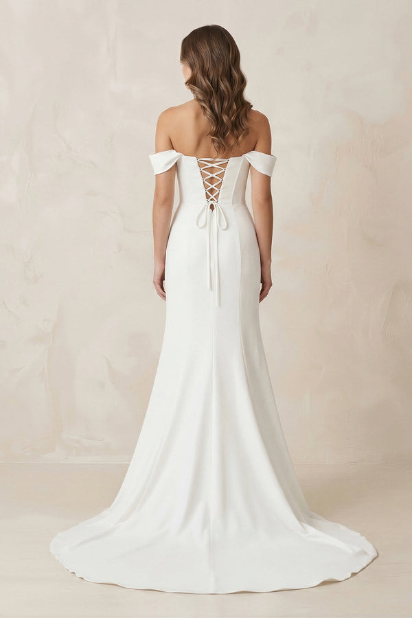 Off - the - Shoulder Satin Mermaid Corset Wedding Dress in White - SHE IS ME Wedding Dresses