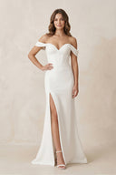 Off - the - Shoulder Satin Mermaid Corset Wedding Dress in White - SHE IS ME Wedding Dresses