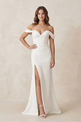 Off - the - Shoulder Satin Mermaid Corset Wedding Dress in White - KISS BRIDAL Wedding Dresses