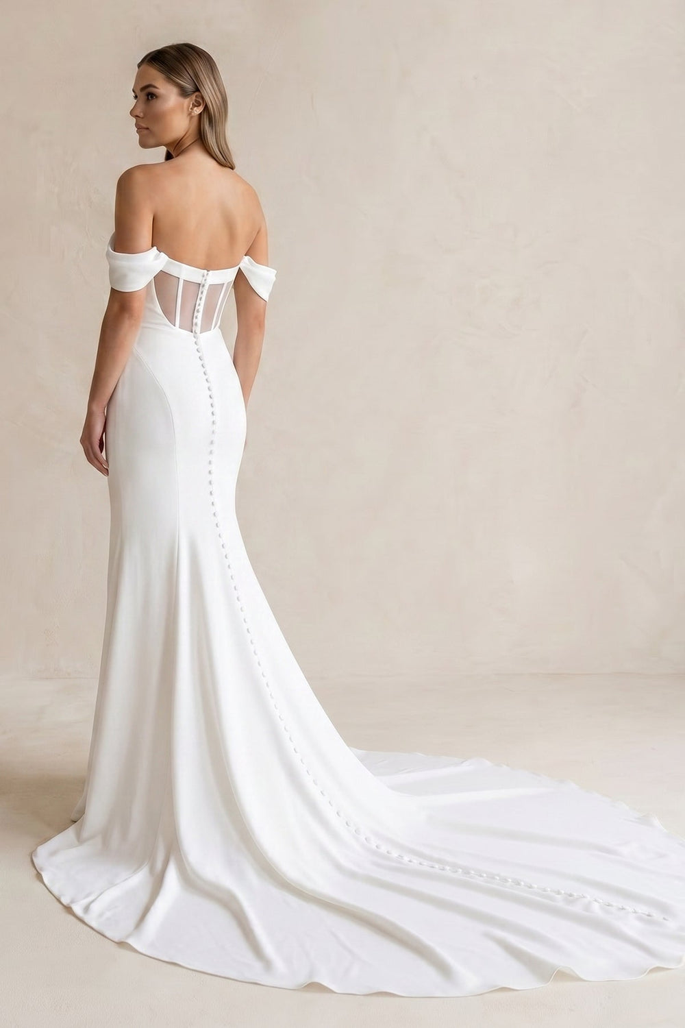 Off - the - Shoulder Satin Mermaid Wedding Dress in White - KISS BRIDAL Wedding Dresses
