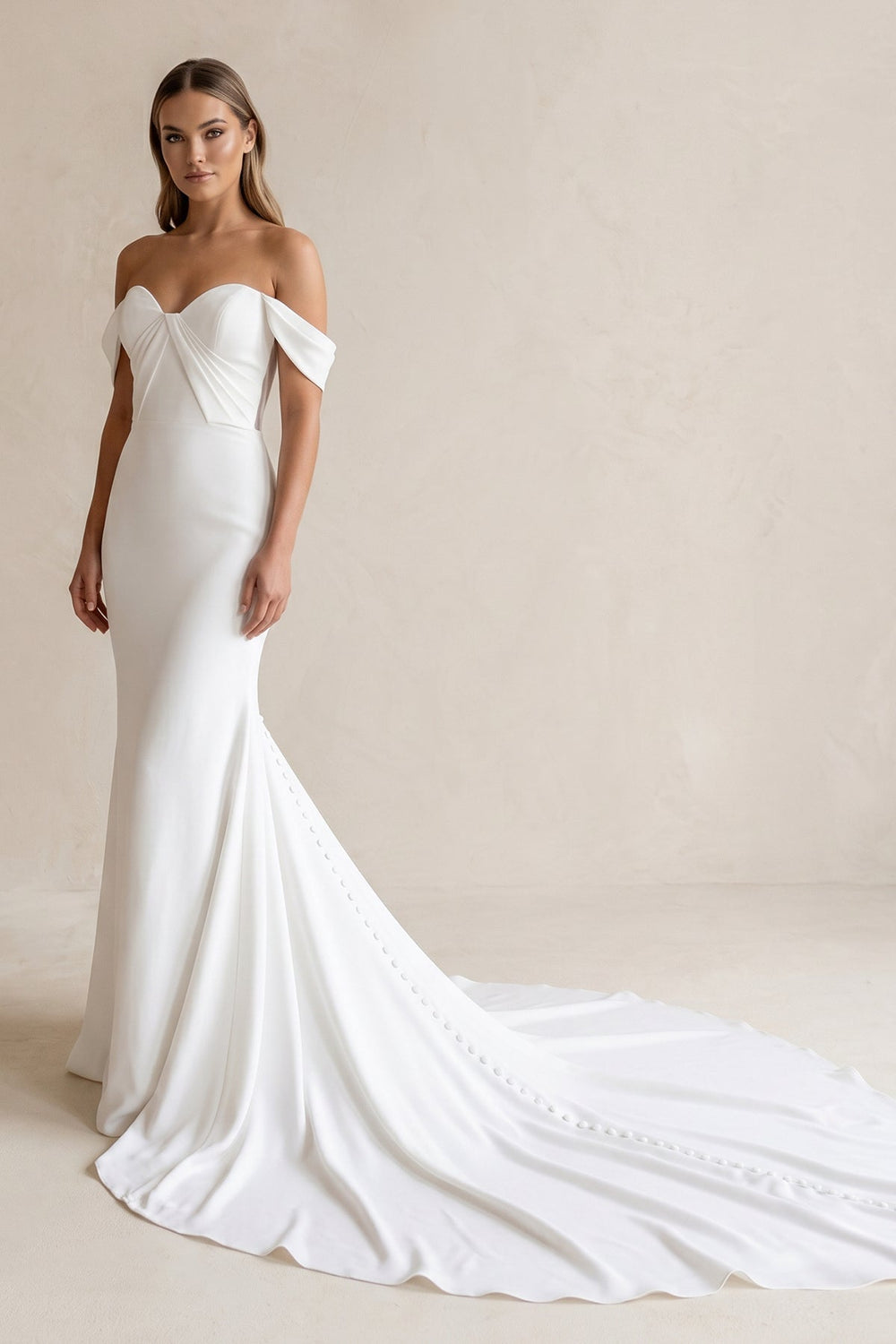 Off - the - Shoulder Satin Mermaid Wedding Dress in White - KISS BRIDAL Wedding Dresses