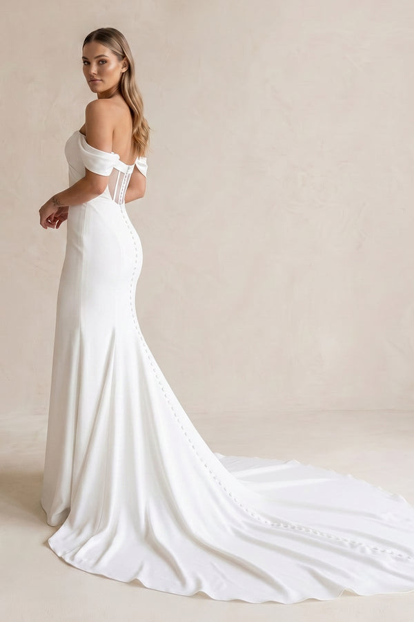 Off - the - Shoulder Satin Mermaid Wedding Dress in White - SHE IS ME Wedding Dresses