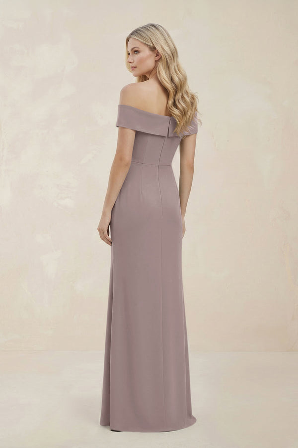 Off - the - Shoulder Satin Sheath Bridesmaid Dress With Slit in Almond - KISS BRIDAL Bridesmaid Dresses