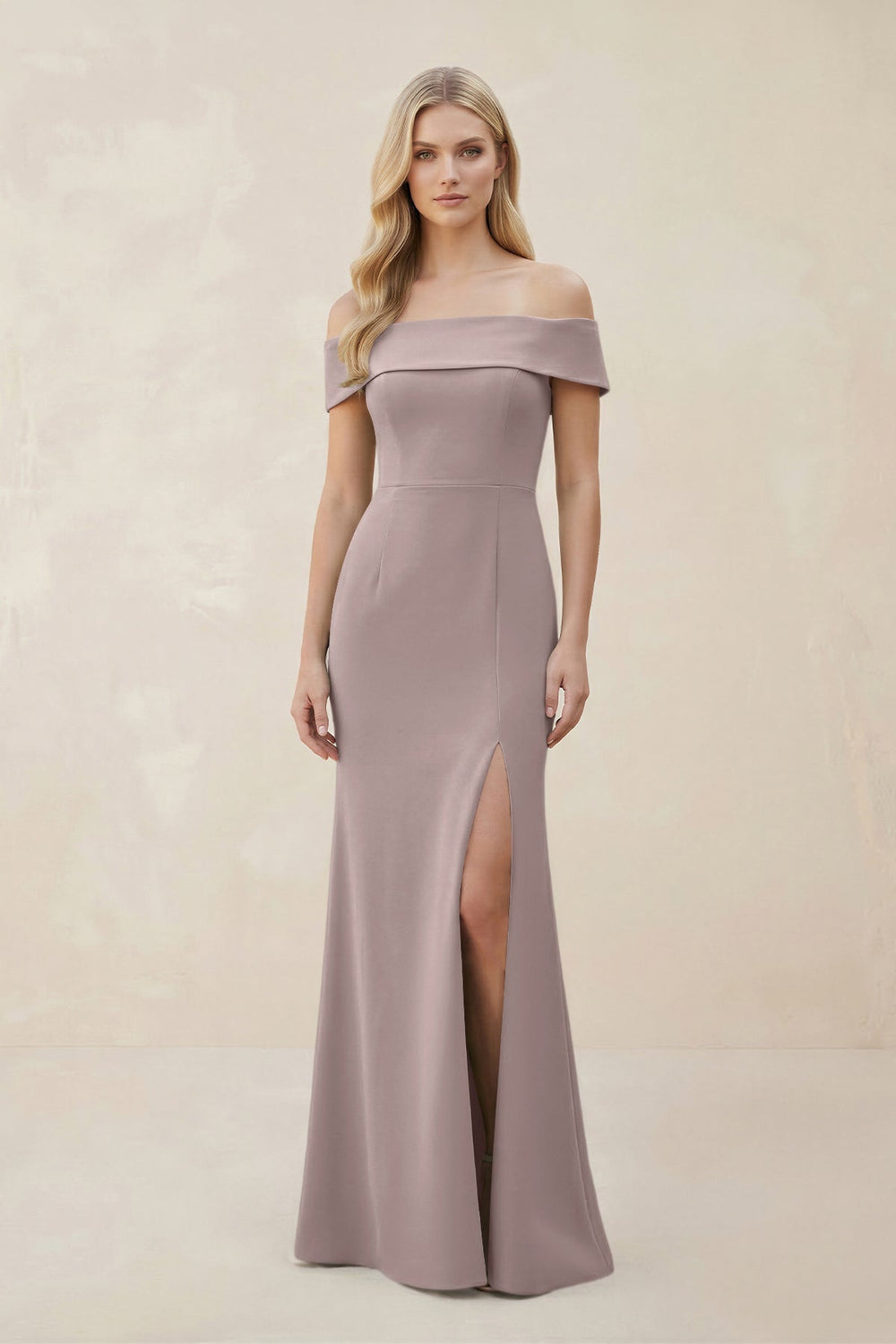 Off - the - Shoulder Satin Sheath Bridesmaid Dress With Slit in Almond - SHE IS ME Bridesmaid Dresses
