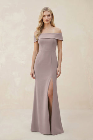 Off - the - Shoulder Satin Sheath Bridesmaid Dress With Slit in Almond - KISS BRIDAL Bridesmaid Dresses