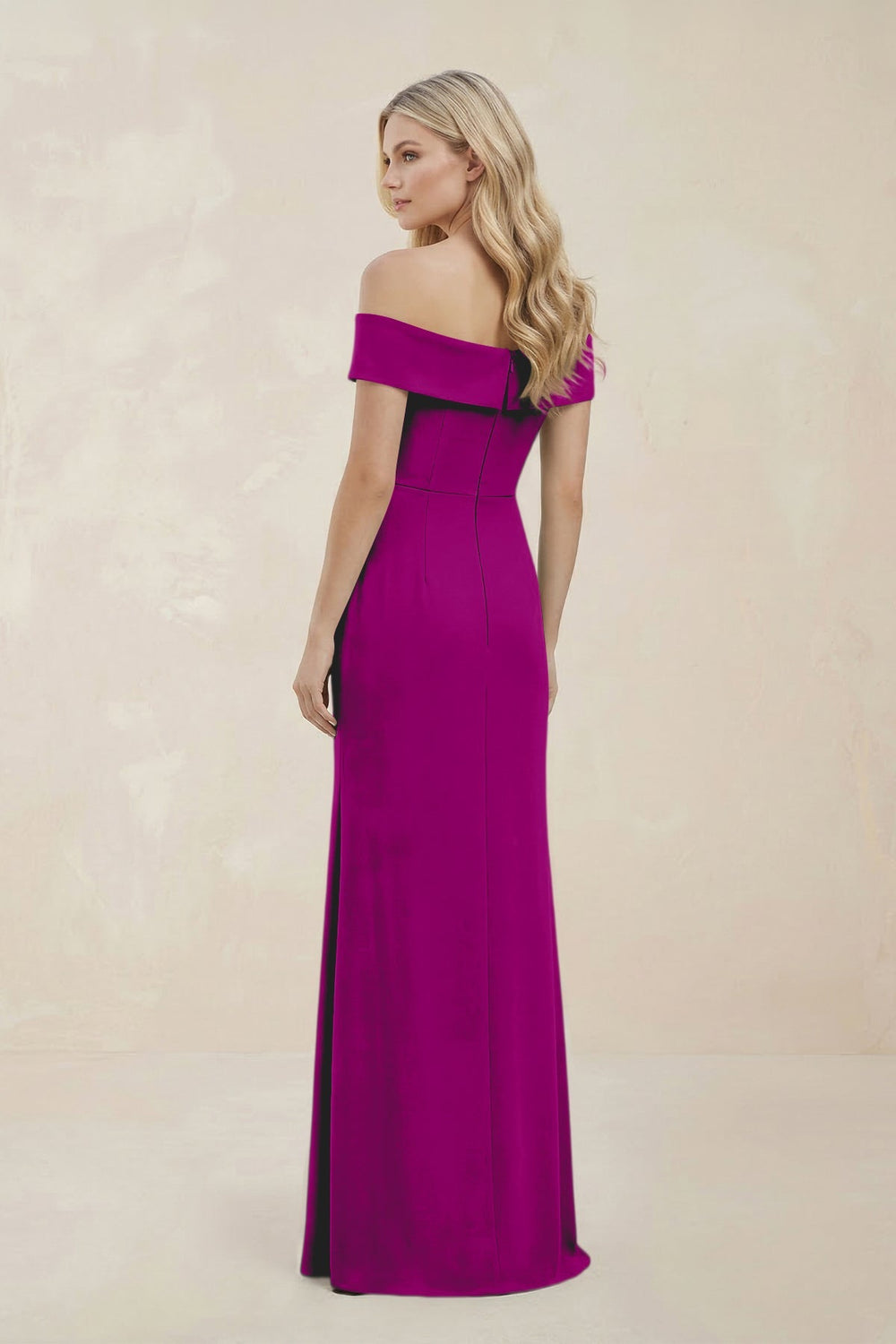 Off - the - Shoulder Satin Sheath Bridesmaid Dress With Slit in Amethyst - SHE IS ME Bridesmaid Dresses