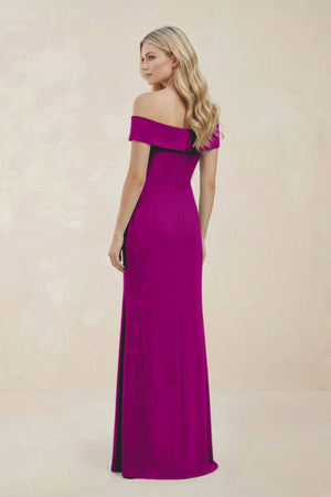 Off - the - Shoulder Satin Sheath Bridesmaid Dress With Slit in Amethyst - KISS BRIDAL Bridesmaid Dresses