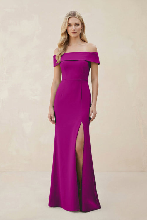 Off - the - Shoulder Satin Sheath Bridesmaid Dress With Slit in Amethyst - KISS BRIDAL Bridesmaid Dresses