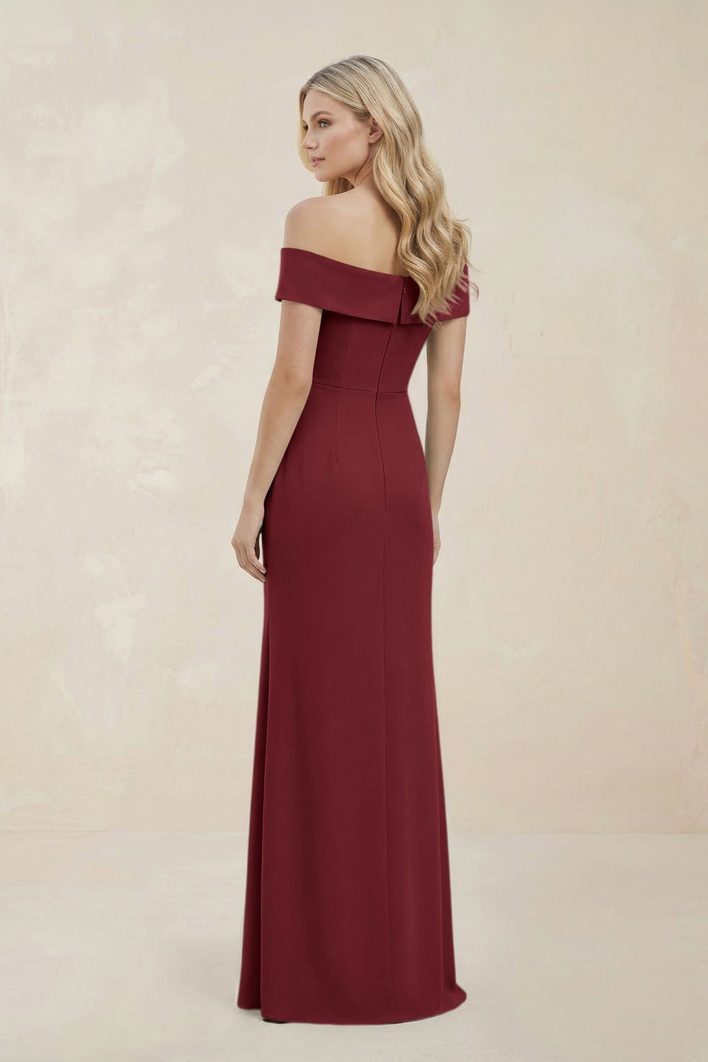 Off - the - Shoulder Satin Sheath Bridesmaid Dress With Slit in Berry - SHE IS ME Bridesmaid Dresses