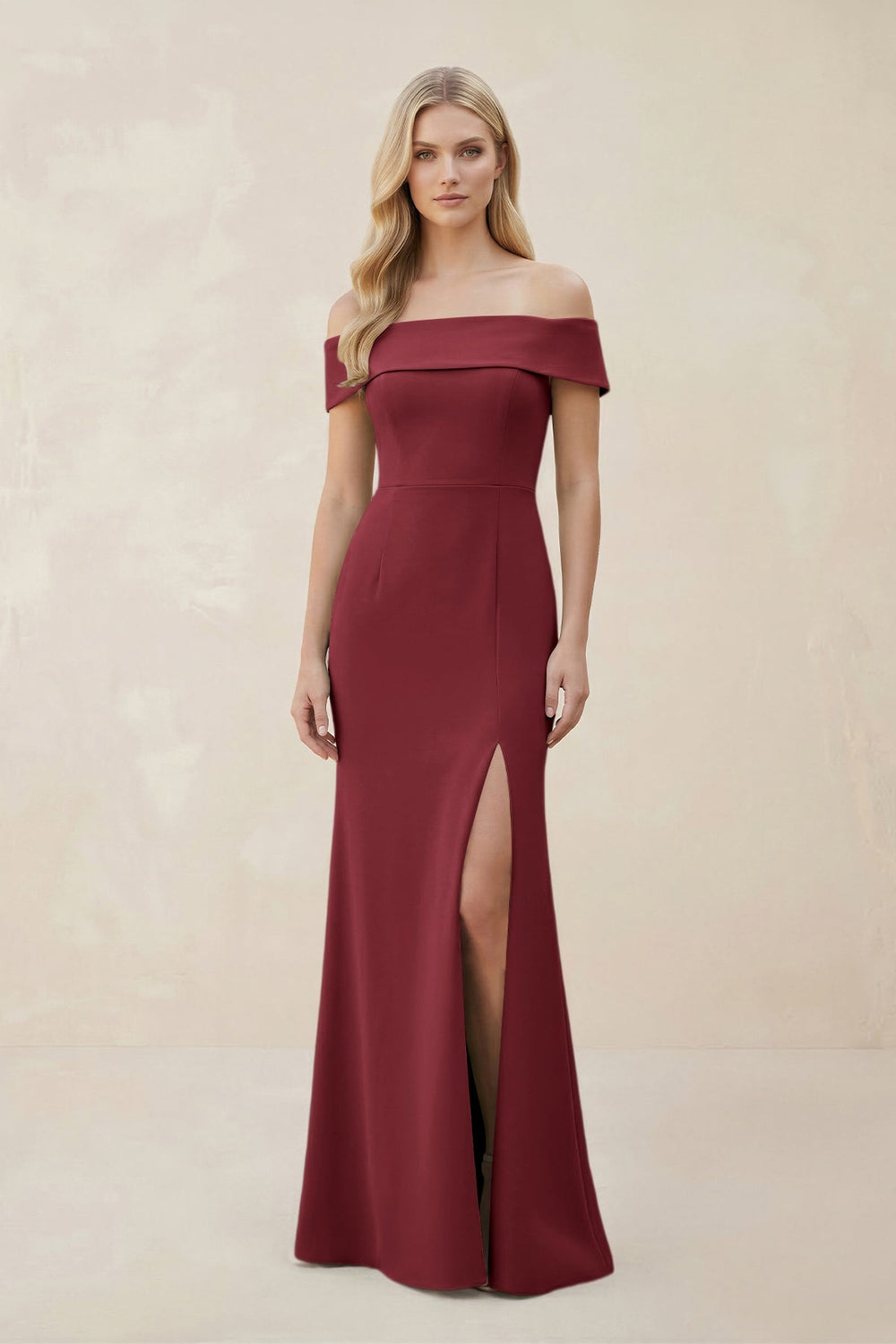 Off - the - Shoulder Satin Sheath Bridesmaid Dress With Slit in Berry - SHE IS ME Bridesmaid Dresses