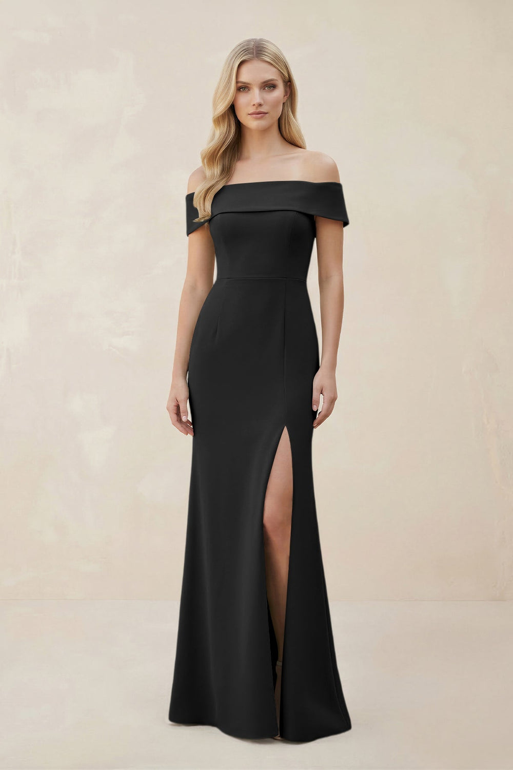 Off - the - Shoulder Satin Sheath Bridesmaid Dress With Slit in Black - SHE IS ME Bridesmaid Dresses