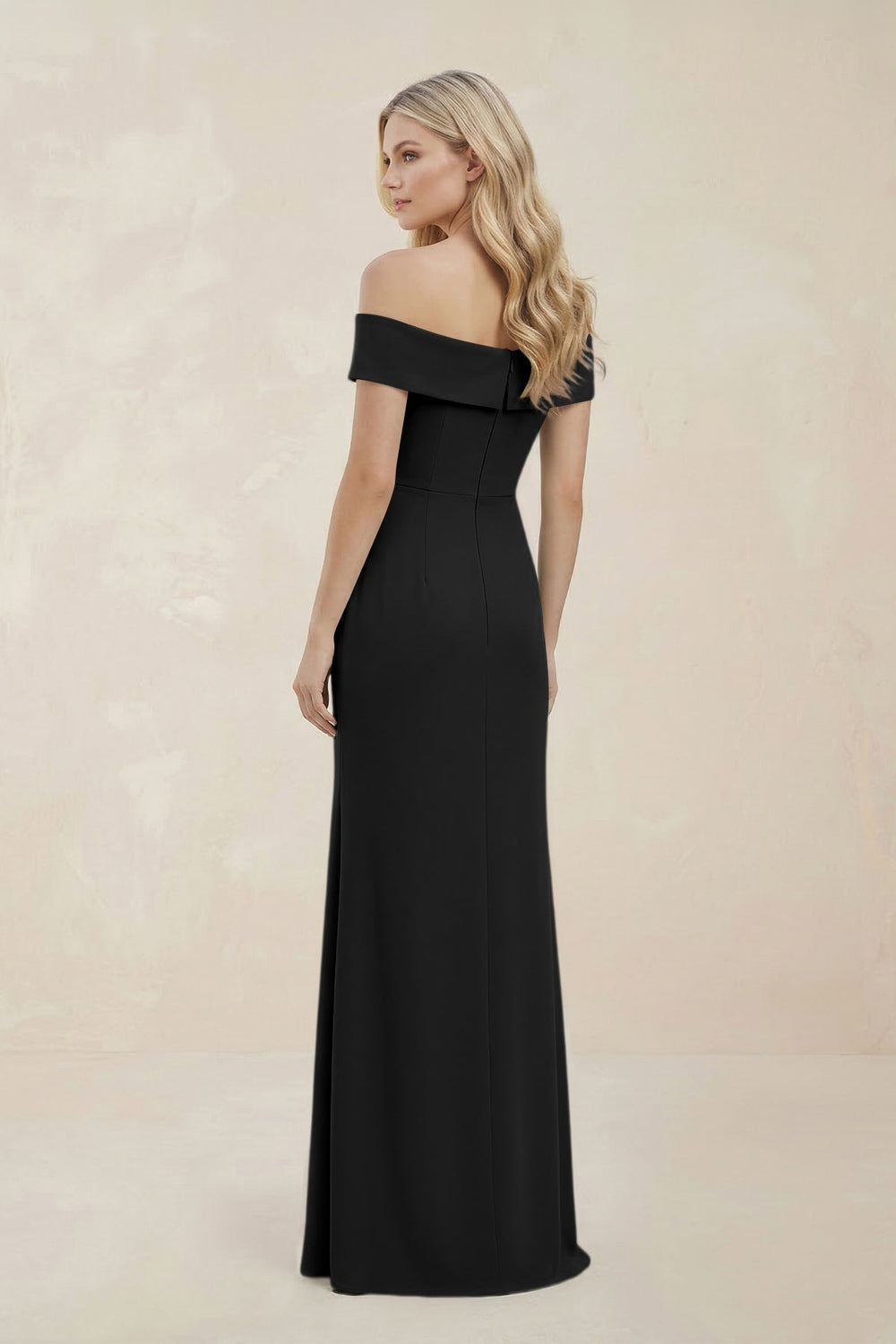 Off - the - Shoulder Satin Sheath Bridesmaid Dress With Slit in Black - SHE IS ME Bridesmaid Dresses