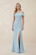 Off - the - Shoulder Satin Sheath Bridesmaid Dress With Slit in Bleached Aqua - KISS BRIDAL Bridesmaid Dresses
