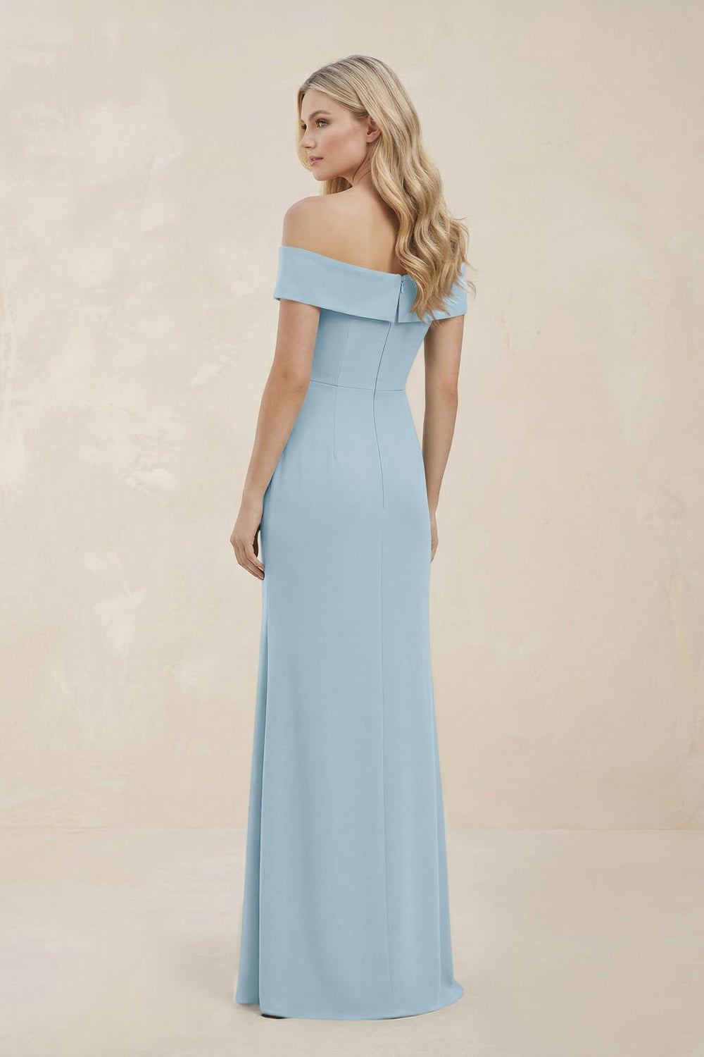 Off - the - Shoulder Satin Sheath Bridesmaid Dress With Slit in Bleached Aqua - KISS BRIDAL Bridesmaid Dresses