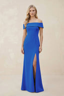 Off - the - Shoulder Satin Sheath Bridesmaid Dress With Slit in Blue Jay - KISS BRIDAL Bridesmaid Dresses