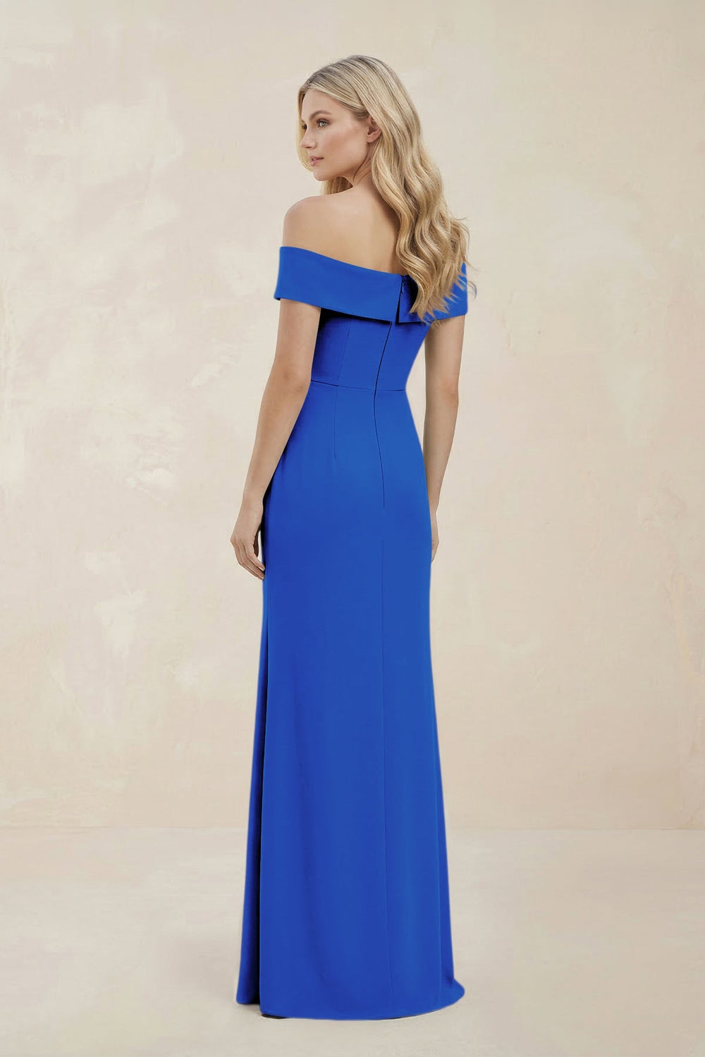 Off - the - Shoulder Satin Sheath Bridesmaid Dress With Slit in Blue Jay - SHE IS ME Bridesmaid Dresses