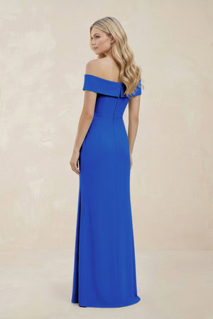 Off - the - Shoulder Satin Sheath Bridesmaid Dress With Slit in Blue Jay - KISS BRIDAL Bridesmaid Dresses